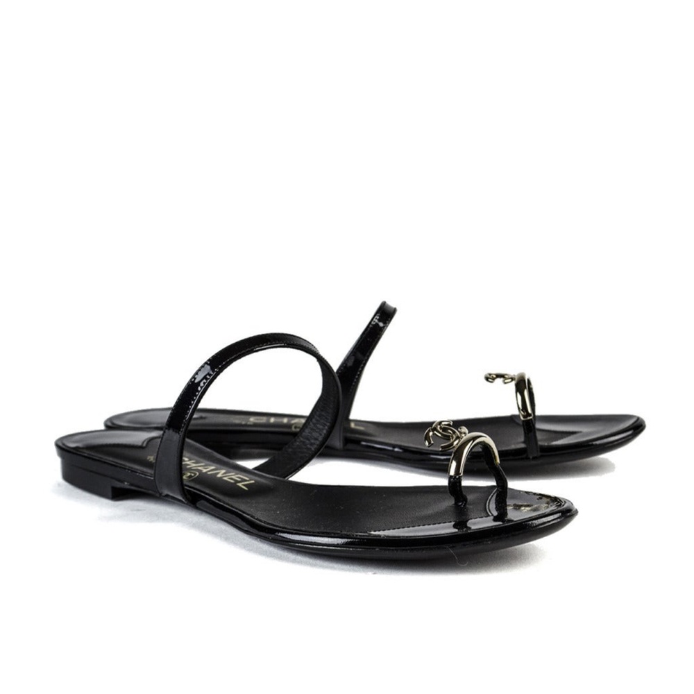 CHANEL Black Patent Leather Slide Sandals - Picture 2 of 12